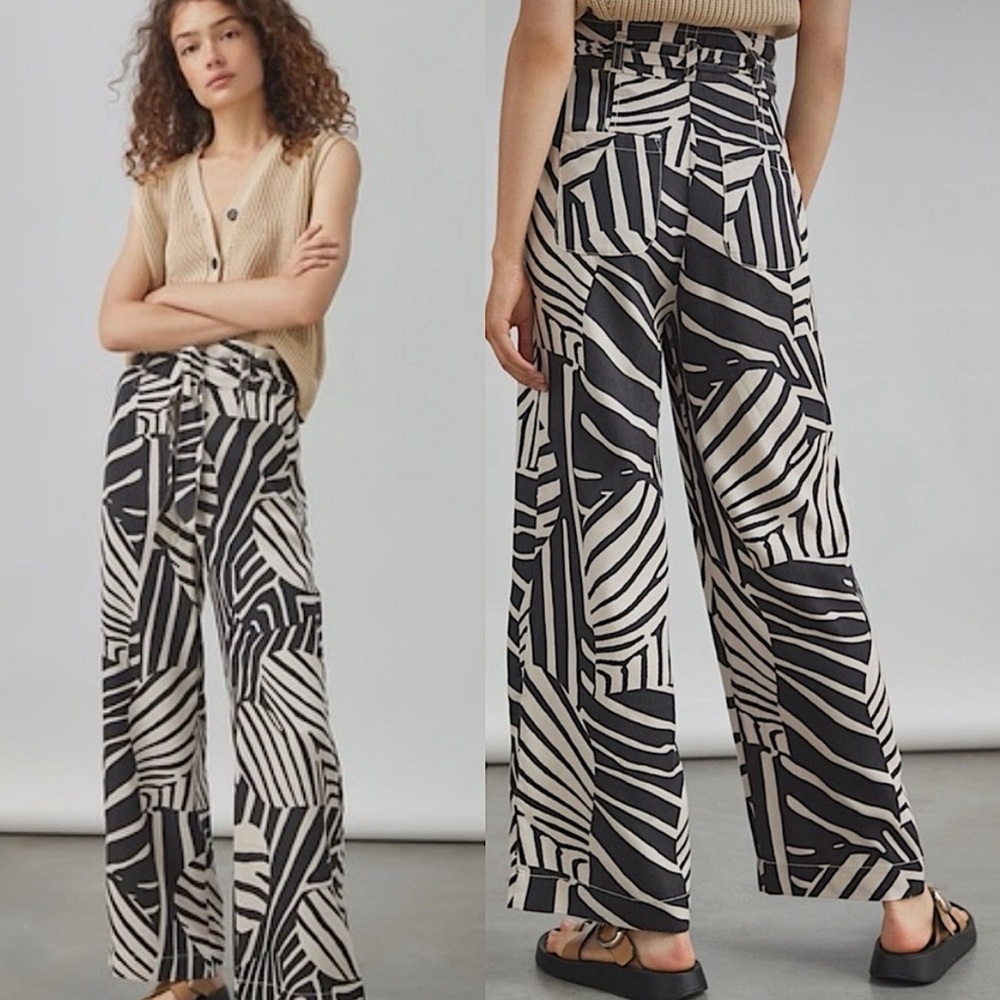 Anthropologie Black and Cream Wide-Leg Printed Pants